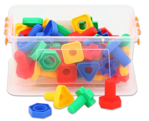 Jucaresti - Set de 64 de șuruburi și piulițe colorate în cutie transparentă