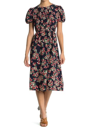 Imbracaminte Femei London Times Floral Pintuck Puff Sleeve Midi Dress Petite NAVYRED