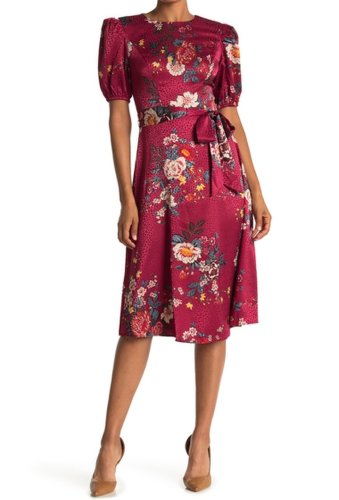 Imbracaminte Femei London Times Floral Puff Sleeve Satin Jacquard Dress WINE MULTI