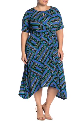 Imbracaminte Femei London Times Geometric Front Tie Midi Dress Plus Size BLUE