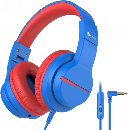Casti audio pentru copii iClever, cu microfon, rosu/albastru