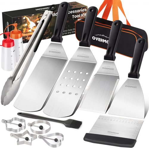 Set de 5 spatule si un cleste de bucatarie Overmont, plastic/otel inoxidabil, argintiu/negru