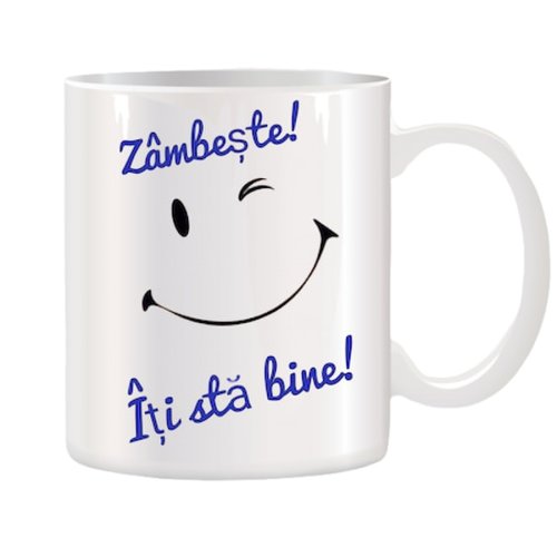 Cana alba ceramica personalizata cu mesajul Zambeste! Iti sta bine!, 330 ml