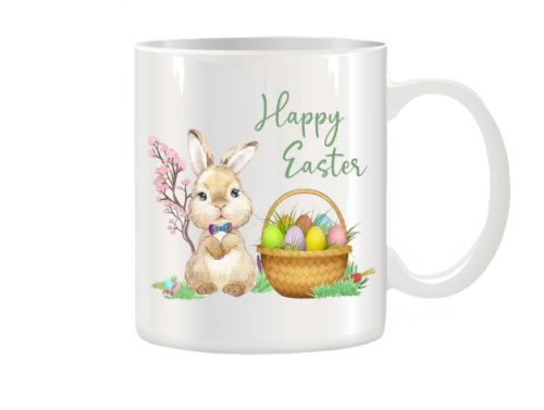 Cana personalizata pentru Paste, imagine cu iepuras, Happy Easter, ceramica alba, Stickers Factory, 330 ml