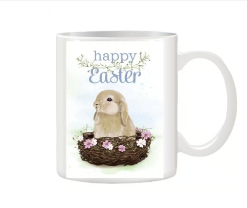 Cana personalizata pentru Paste, imagine cu un iepuras, Happy Easter, ceramica alba, Stickers Factory, 330 ml