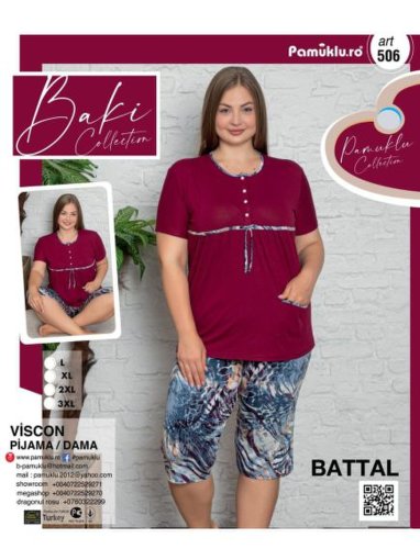 Pijama batal 3/4 dama, Baki, cu model imprimat, bordo