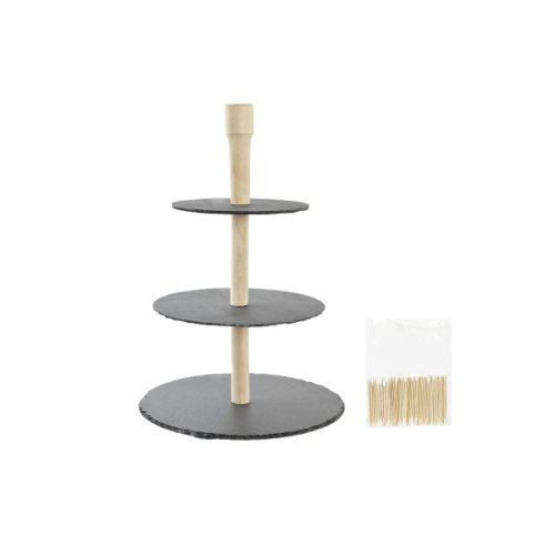 Tavă pentru gustari DKD Home Decor Stand cu 3 niveluri Slate Bambus (28 x 28 x 39,5 cm)