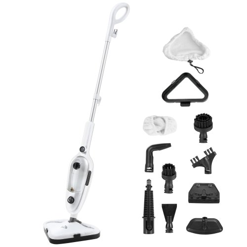 HOMCOM Mop electric cu aburi portabil, spalarea podea cu aburi cu 11 accesorii, rezervor 450 ml, 1330W, alb