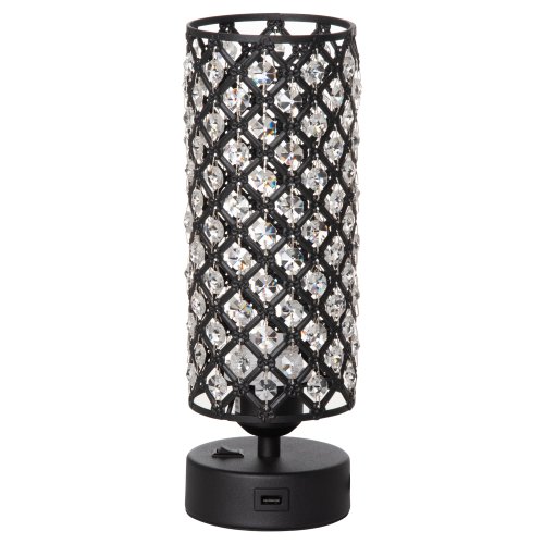 Lampa de Masa HOMCOM cu Abajur din Cristal si 2 Porturi USB, Intensitatea Luminii Reglabila Touch Ф10,8 x 30 cm, Negru