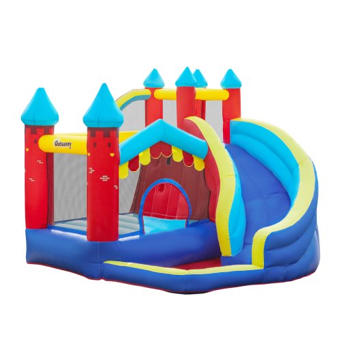 Outsunny castelul gonflabil 4 în 1 pentru copii de la 3 la 8 ani cu tobogan, trambulina, piscina si pompa incluse, 290x270x230 cm