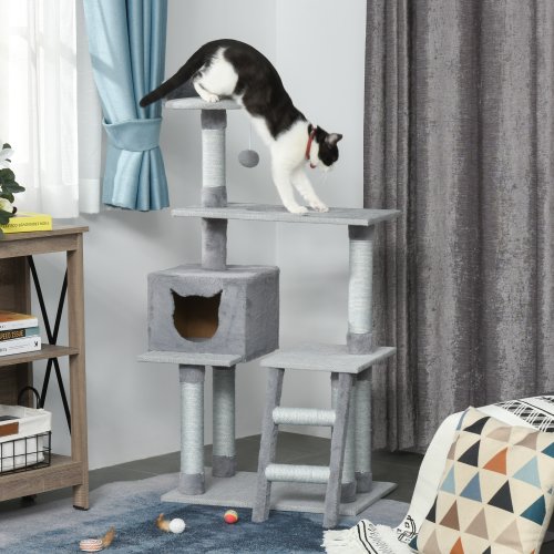 Pawhut ansamblu pentru pisici cu suprafata de zgariat, casuta scara platforme, stalpi din sfoara din iuta, gri, 60.5x40x124cm