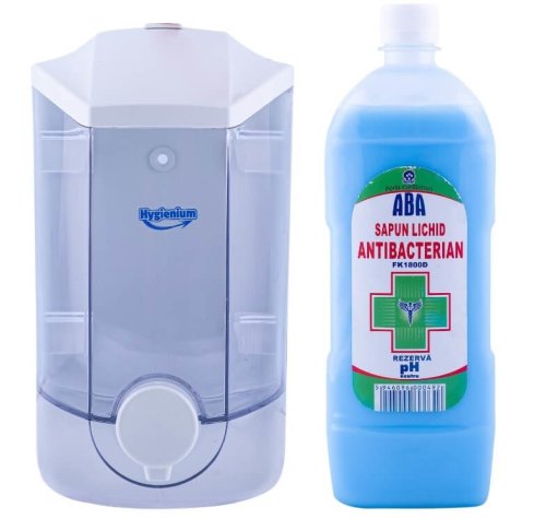 Hygienium Dispenser/Dozator manual pentru sapun, 1000 ml + Aba Biocid Sapun dezinfectant rezerva 1000 ml, avizat Ministerul Sanatatii