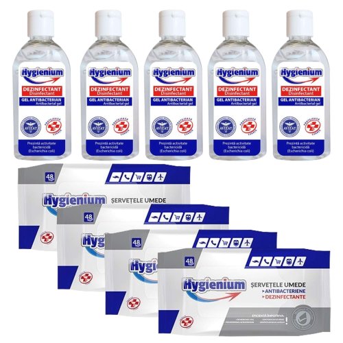Pachet Hygienium: 5x Gel dezinfectant pentru maini 50 ml + 4xServetele umede antibacteriene/dezinfectante 48 buc