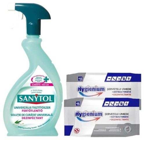 Sanytol Virucid Dezinfectant universal suprafete cu parfum de eucalipt 500 ml + Hygienium Servetele Umede dezinfectante 2x 48 buc, avizat Ministerul Sanatatii