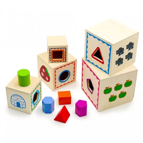 Turn Montessori din lemn 5 cuburi cu cifre, forme si animale