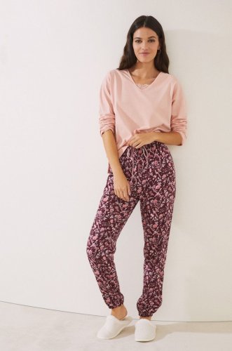 Women'secret longsleeve de pijama mix & match culoarea roz, bumbac