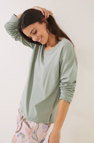 women'secret longsleeve de pijama Mix & Match culoarea verde, bumbac
