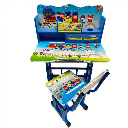 Birou mare cu scaun pentru copii, reglabile, cadru metalic si lemn, albastru, Train B11 - Krista 