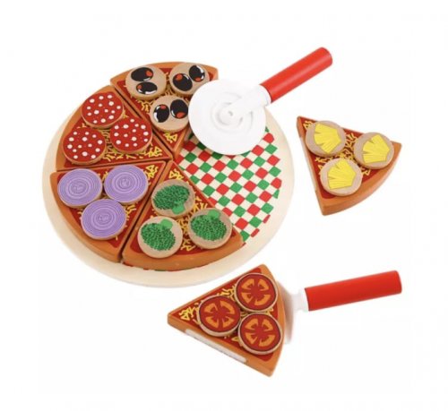 Jucarie Montessori Pizza de feliat, cu 27 accesorii, din lemn