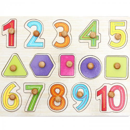 Krista - Puzzle si incastru din lemn cu cifre si forme geometrice cu buton si imagini