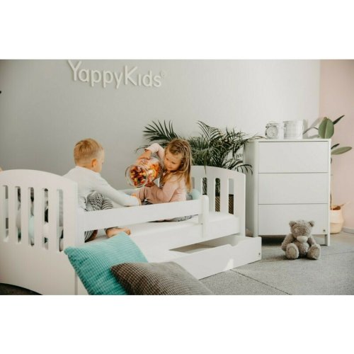 Yappykids - Pachet patut junior cu sertar compartimentat yappylux din lemn si comoda de infasat yappymini din lemn alb