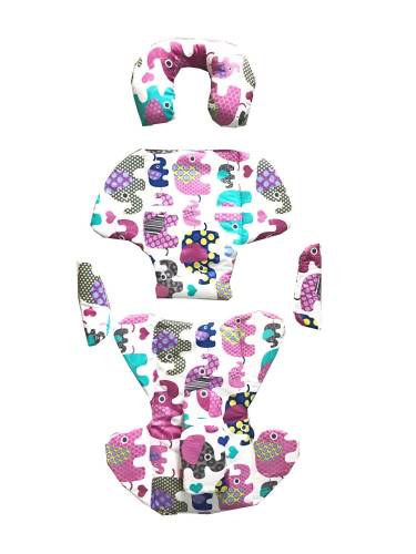 Set perne din bumbac pentru scaun auto copii si bebelusi Deluxe elefanti roz