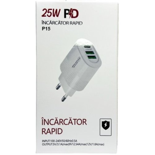 Incarcator retea USB/USB-C, Quick Charge 3.0, Power Delivery 25W, 2 porturi USB-A si un PD USB Tyoe C, Alb