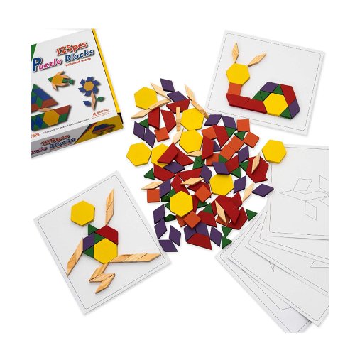 Joc educativ - Tangram din lemn cu 125 piese geometrice multicolore