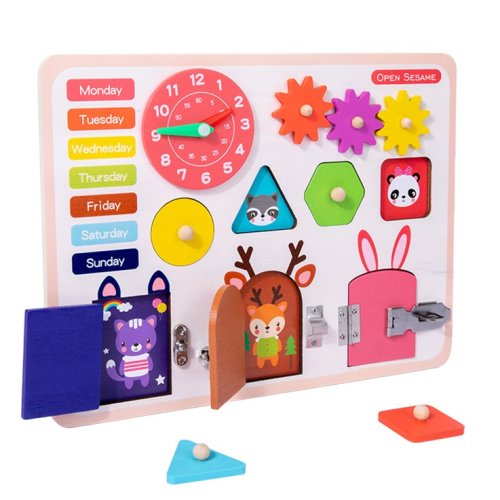 Jucarie interactiva si educativa Montessori, placa senzoriala de activitati 5in1, cu incuietori, ceas, calendar, buz