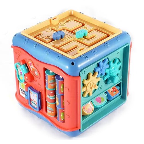 Jucarie interactiva si educativa tip cub, 6in1, multifunctional, diferite jocuri, activitati, figuri geometrice, angrenaje rotative, forme de sortat, din plastic, albastru, buz