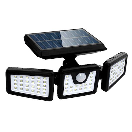Lampa solara tripla FOXMAG24, pentru exterior, cu senzor de miscare, rezistenta la apa, 74 LED-uri, 2400 mAh, negru