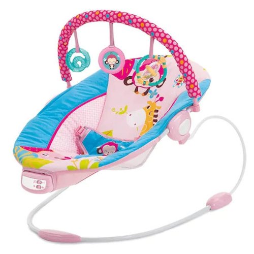 Leagan electric pentru bebe, cu vibratii si melodii, bara de activitati, ham reglabil, roz, buz