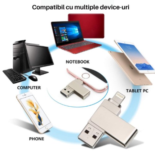 Memorie USB Dual Drive pentru Smartphone-uri, Tablete si Calculatoare SpectrumPoint®, 256 Gbps, USB 3.1, USB Type-C, Metal, Argintiu
