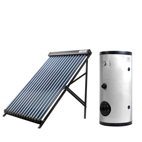 Pachet colector solar cu 30 tuburi vidate echipate cu heat-pipe, control temperatura, Termax Solar + Boiler stativ 300 litri cu 2 serpentine Termax