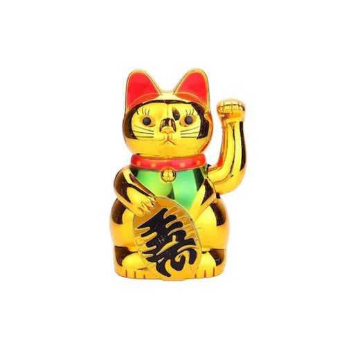 Pisica norocoasa Maneki Neko aurie, Feng Shui din Plastic, 15 cm lungime