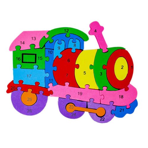 Puzzle 3D din lemn, locomotiva, 26 piese, cu litere si cifre, WD4506-K RCO®