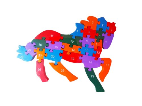 Puzzle 3D din lemn pentru copii cu Alfabet si Cifre, Cal, 26 piese, 30 cm, 18016SX
