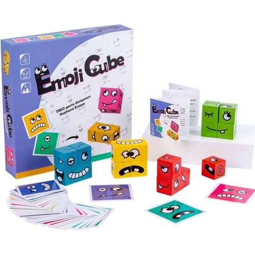 Oem - Puzzle interactiv si educativ, cub din lemn, 6in1, blocuri de constructii, carti de joc, pentru copii, cu 6 laturi, expresii emoji, montessori, buz