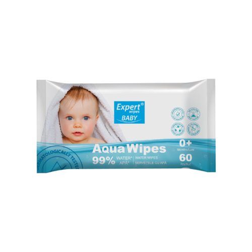 Șervețele umede cu 99% apă Expert Wipes Baby Aqua, 60 șervețele