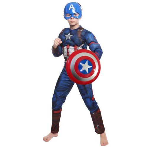 Set costum clasic cu muschi Captain America si scut cu sunete si lumini pentru baiat 7-9 ani 130 - 140 cm