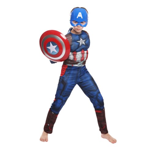 Set costum clasic cu muschi Captain America si scut pentru baiat 120 - 130 cm 5-7 ani