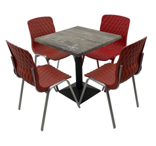 Set mobila de terasa, restaurant Raki Old Pine, masa patrata 70x70cm cu blat werzalit si baza metalica culoare neagra, 4 scaune ROYAL rosii