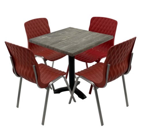 Set mobila de terasa, restaurant Raki Old Pine, masa patrata 80x80cm cu blat werzalit si picior metalic negru, 4 scaune ROYAL rosii