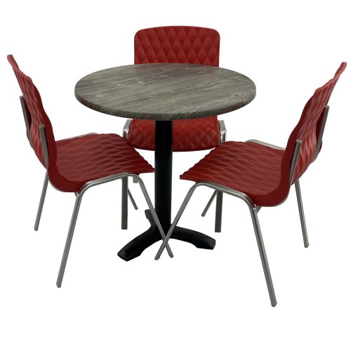 Set mobila de terasa, restaurant Raki Old Pine, masa rotunda D70cm cu blat werzalit si picior metalic negru, 3 scaune ROYAL rosii