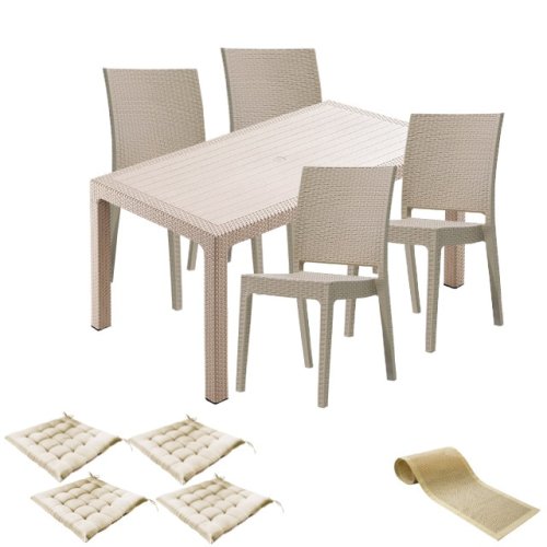 Set mobila gradina CULINARO JURI imitatie ratan, masa 90x150x75cm, 4 scaune 59x44xH88cm polipropilena/fibra sticla culoare cappuccino, 4 perne scaun, traversa P