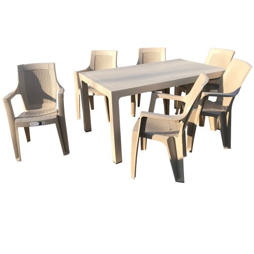 Set mobilier gradina RAKI GARDELA, masa CLASSI WOOD 150x90xh75cm cu 6 scaune ELEGANCE RATAN 62x57xh88cm culoare cappuccino