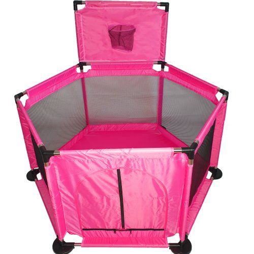 Tarc pentru copii hexagonal, pentru interior/exterior, cu cos de basket, pereti pentru siguranta, roz, 125x112x65 cm, buz
