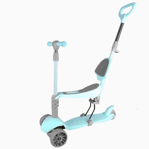 Tricicleta/trotineta cu manere antialunecare, roti late din silicon, cu cosulet, lumini pe roti, turcoaz, buz