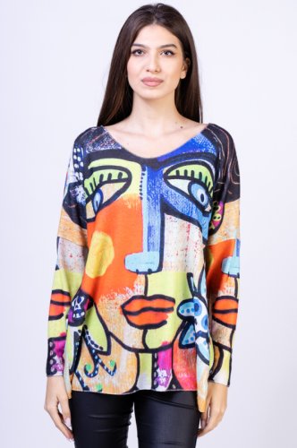 Bluza catifelata cu imprimeu fata umana in stil Picasso