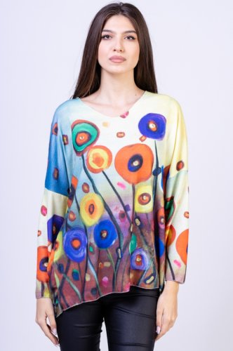 Bluza catifelata cu imprimeu floral stilizat multicolor